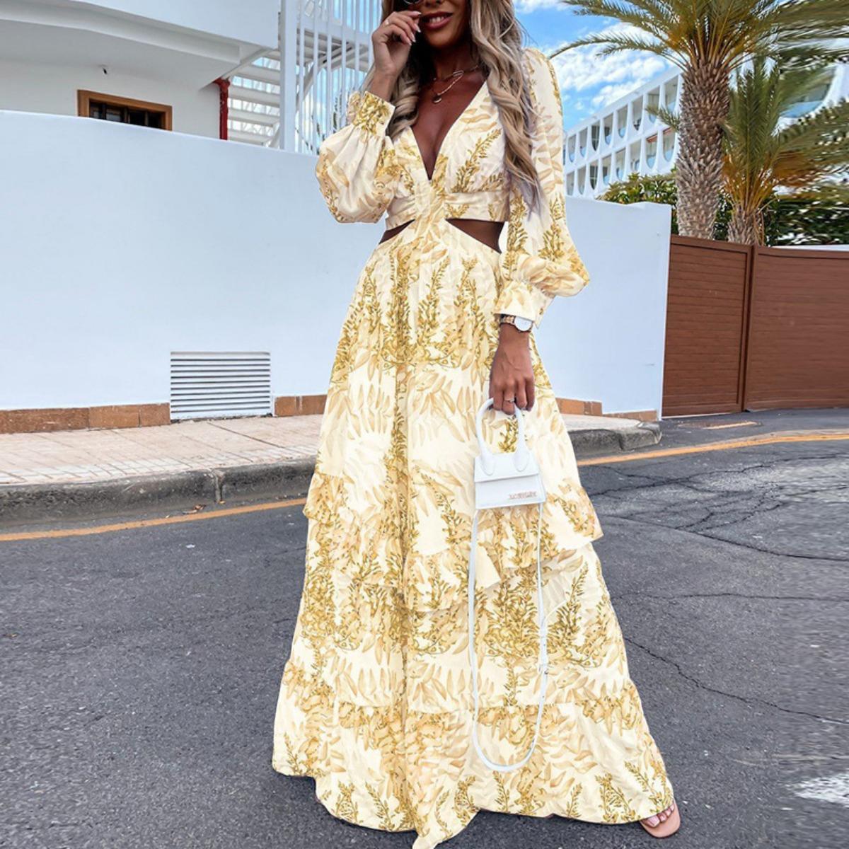 

Spring New Arrival Women s Elegant French Style Print Patchwork Slim Fit Long Dress, European American Fashion Casual Party Dress 3XL жовтий