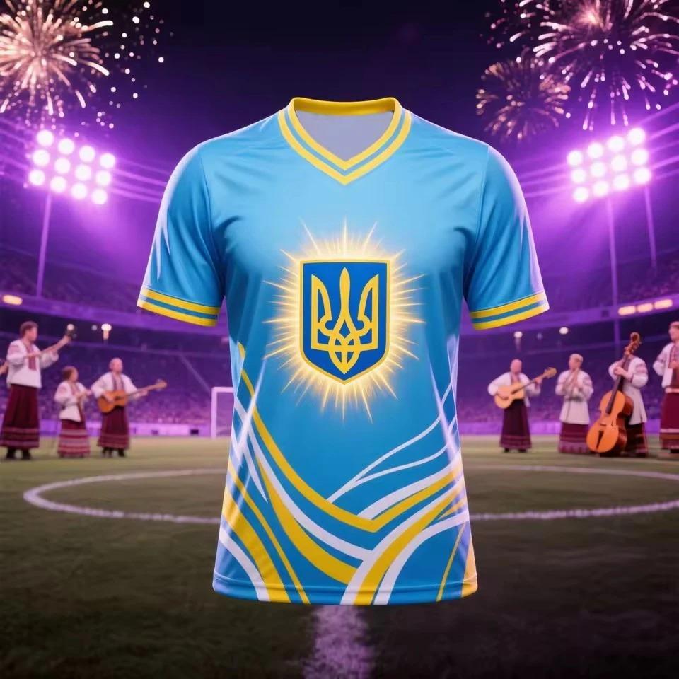 Fußballtrikots mit dem ukrainischen Dreizack-Logo, blau-gelbes Flaggen-Design, 3D-Druck, kurze Ärmel, Familienstil.