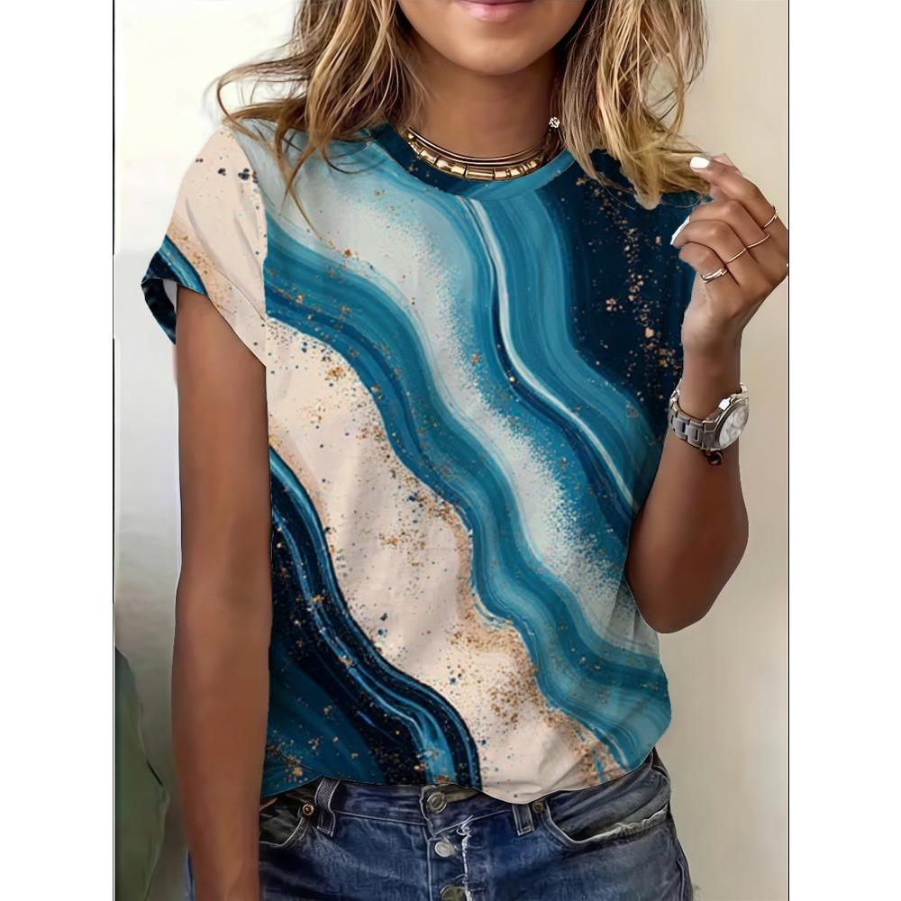 Women s loose round neck T-shirt, abstract flowing art print, soft casual top XXS