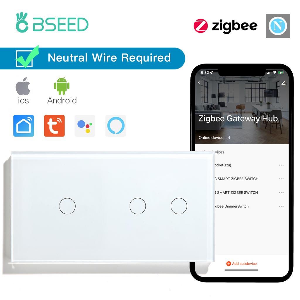 BSEED Zigbee 1/2/3Gang Touch Smart Light Switches 1/2/3Way Tuya Smart Life App Control Plus Universal Wall Socket Plugs
