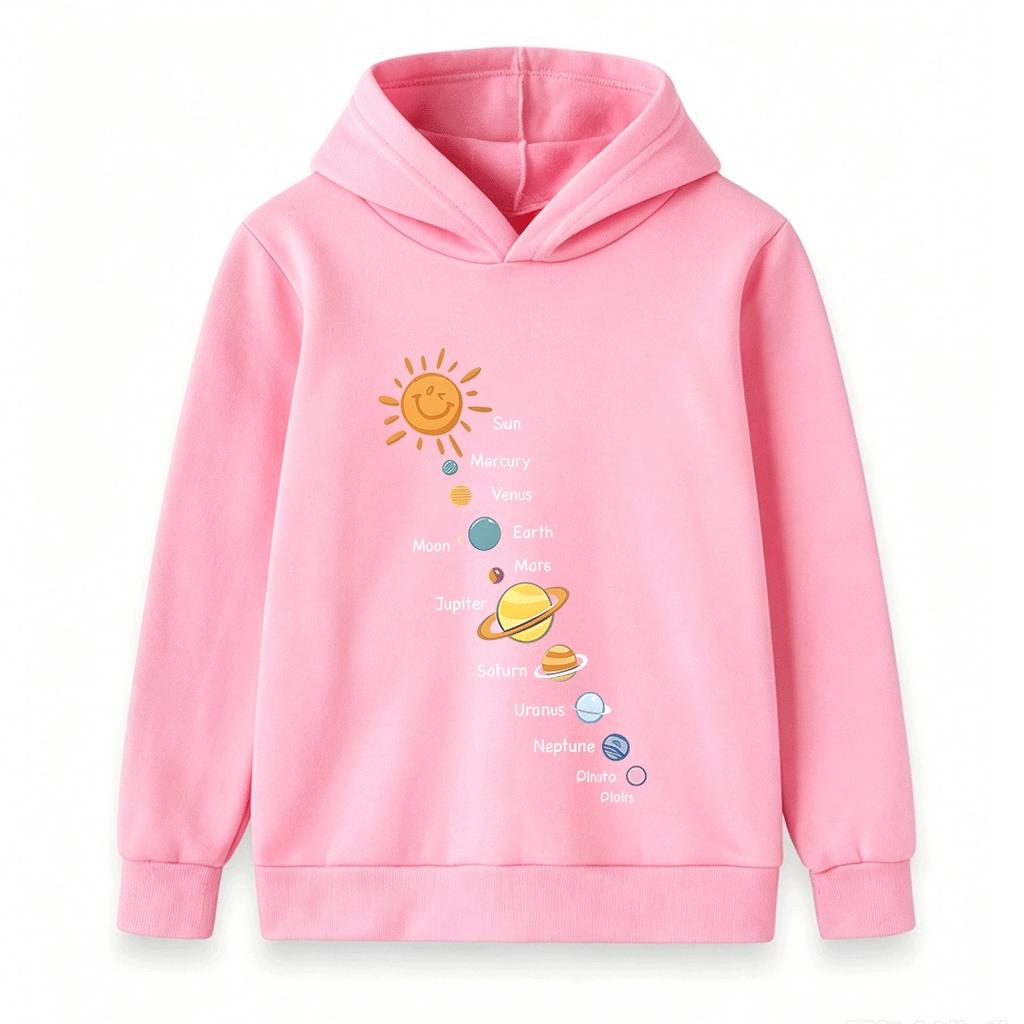 Cartoon Solar System Sun Planets Print Kids Hoodie Boys Girls Casual Long Sleeve Pullover Sweatshirt for Children Daily Wear