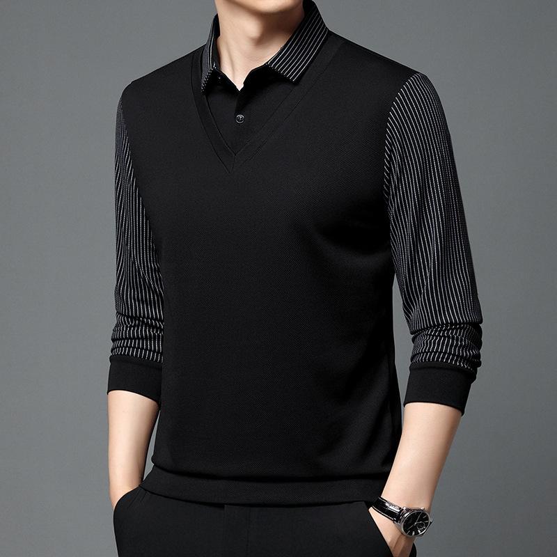 Men's Fake Two-piece Long-sleeved Polo Shirt with Elastic Fleece Thickened Lapel