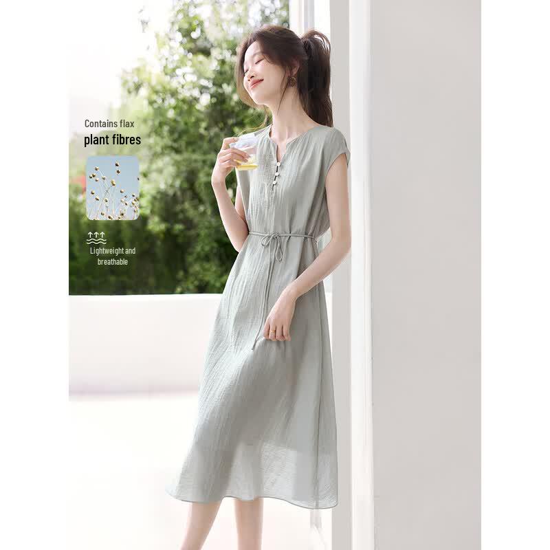 La Chapelle Women s V-Neck A-Line Linen Blend Dress 2XL