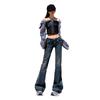 Washed dark blue low-rise slightly pulled jeans women's autumn and winter new Spice Girl elastic and thin versatile bell pants