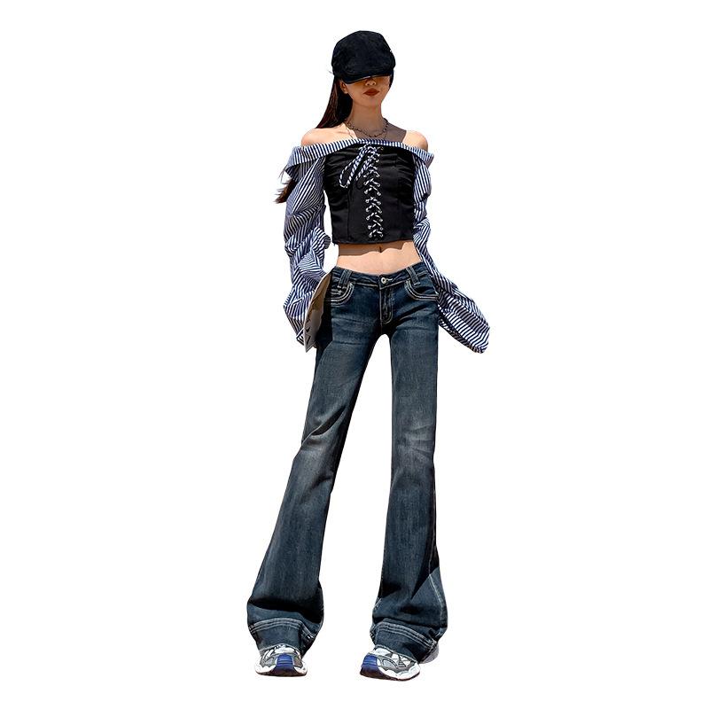 Washed dark blue low-rise slightly pulled jeans women's autumn and winter new Spice Girl elastic and thin versatile bell pants