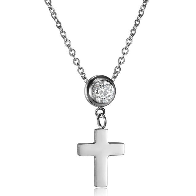 Cross Design Versatile Collarbone Chain Necklace with Zircon, 20MM Stainless Steel