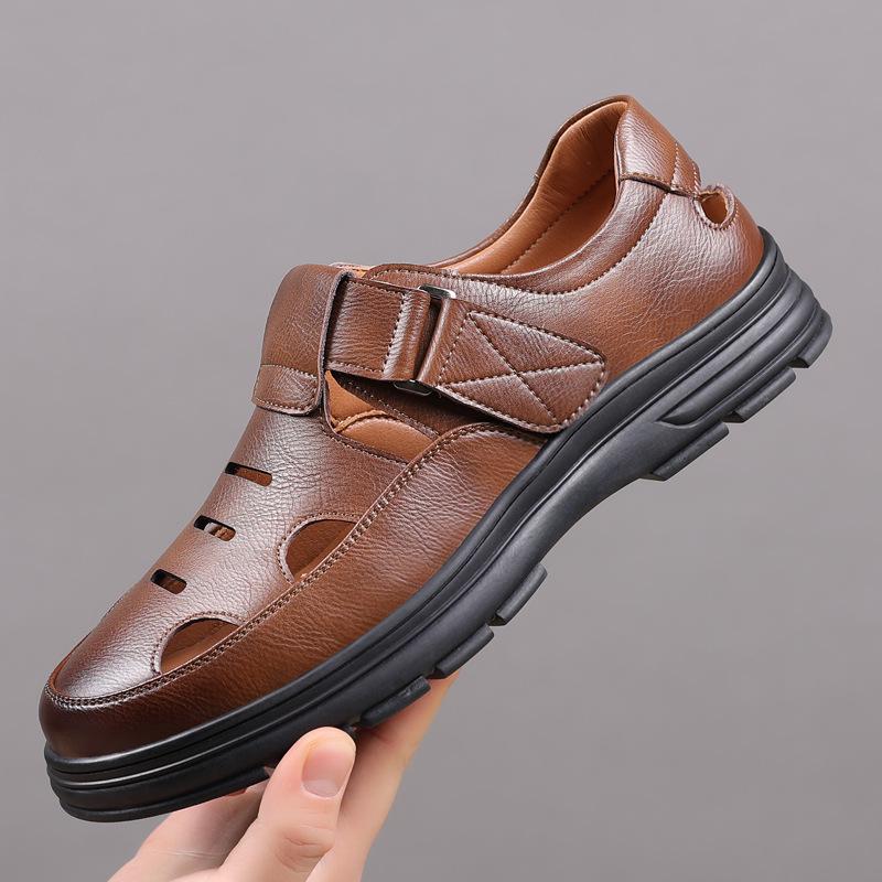2025 summer new men's sandals soft leather casual breathable hollow Velcro cool leather shoes men's leather sandals 3337