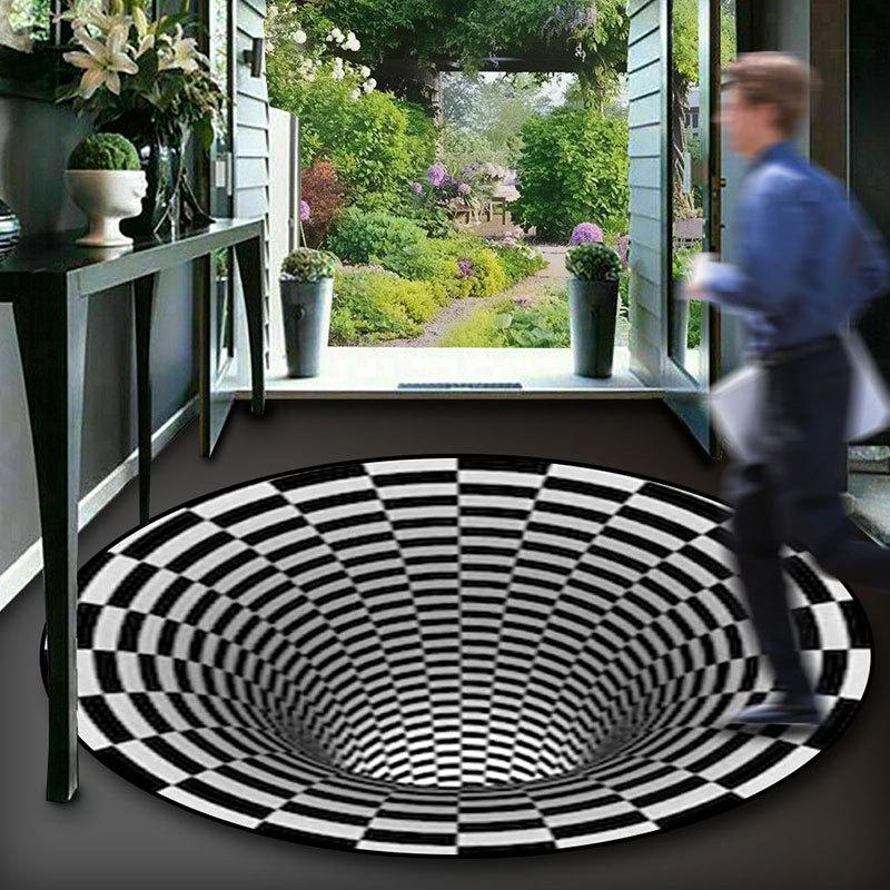 3D Illusion Vortex Carpet: Black & White Grid Round Floor Mat