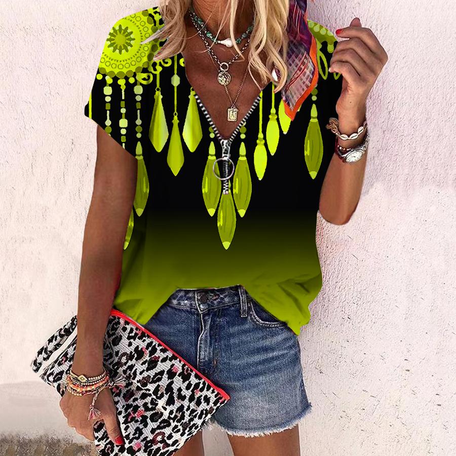 

Женский топ, летний новый модный топ с цветком розы, синий кулон с принтом, повседневный топ на молнии с v-образным вырезом и короткими рукавами 8XL жёлтый