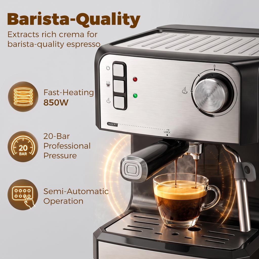 Espresso Machine, 20-Bar Coffee Machine with Milk Frothing Nozzle, 1.6L Water Tank, Black