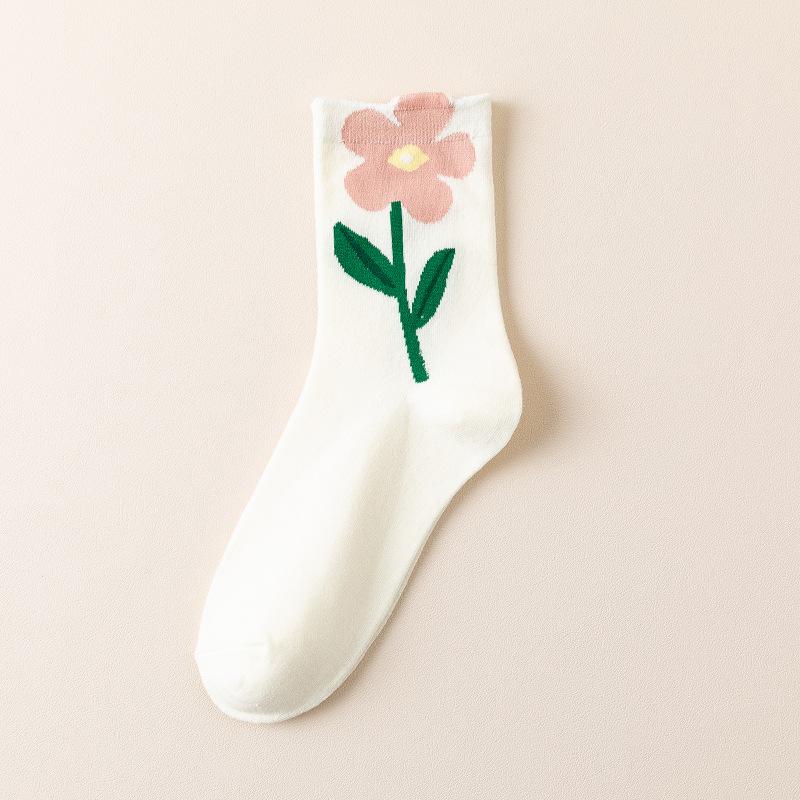 Women's Autumn and Winter Tulip Mid-calf Women's Socks Trendy Women's Style Flower Women's Mid-calf Cotton Black and White Long Socks