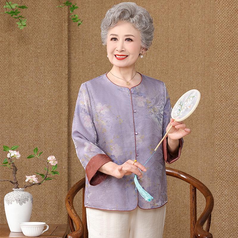 Grandma's New Style Jacket: Elegant Chinese National Design, Suitable for Middle-Aged and Elderly Women - Round Neck, Loose Fit, Elegant Temperament.
