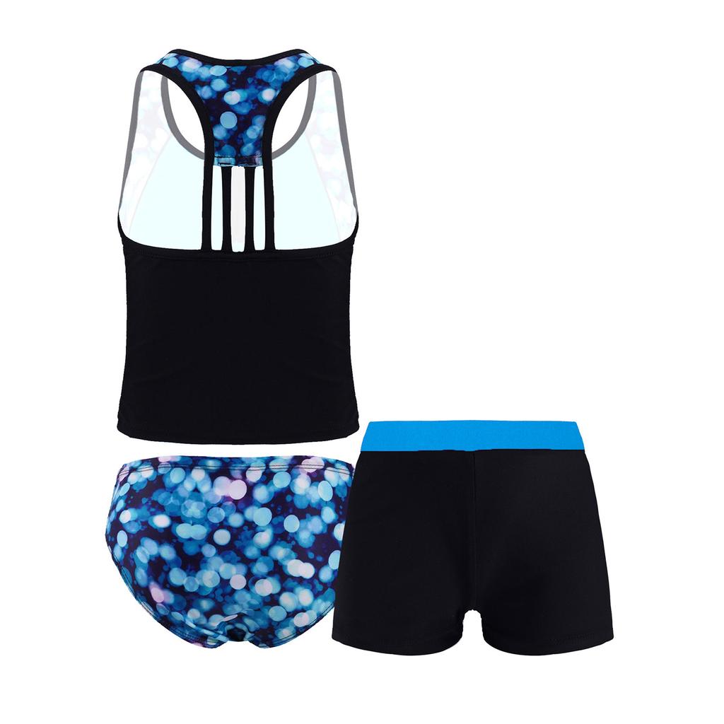 Costum de baie 3 piese pentru fete, topuri fără mâneci cu imprimeu floral, cu set de pantaloni scurți, costum de baie tankini