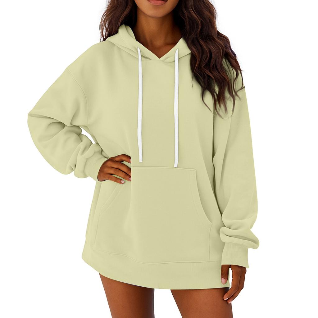 Women's Solid Color Long Sleeved Loose Casual Mid Length Pullover Hoodie Sweatshirt