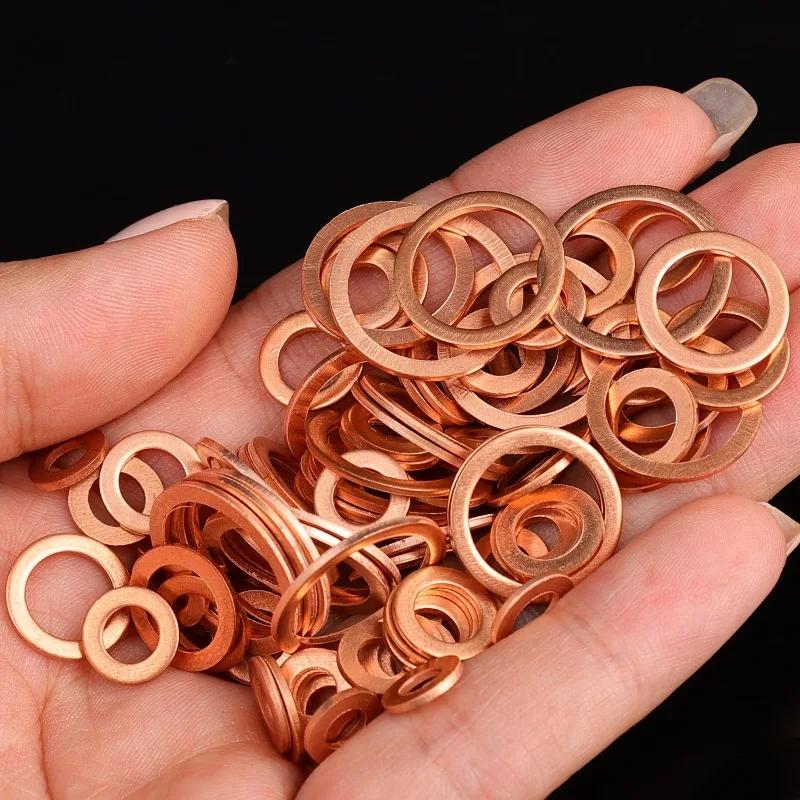 100pcs Red Copper Oil Drain Plug Gasket Kit M4-M14 Universal Car Engine Oil Pan Leak Prevention O-Ring Sealing Washers Auto Part