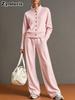 New Women's Solid Crew Neck Cardigan Sweatshirt Wide Leg Pants Set