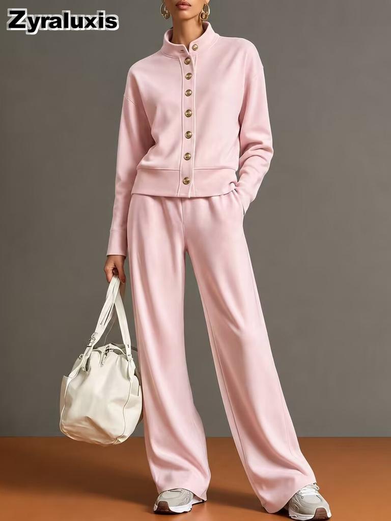 New Women's Solid Crew Neck Cardigan Sweatshirt Wide Leg Pants Set
