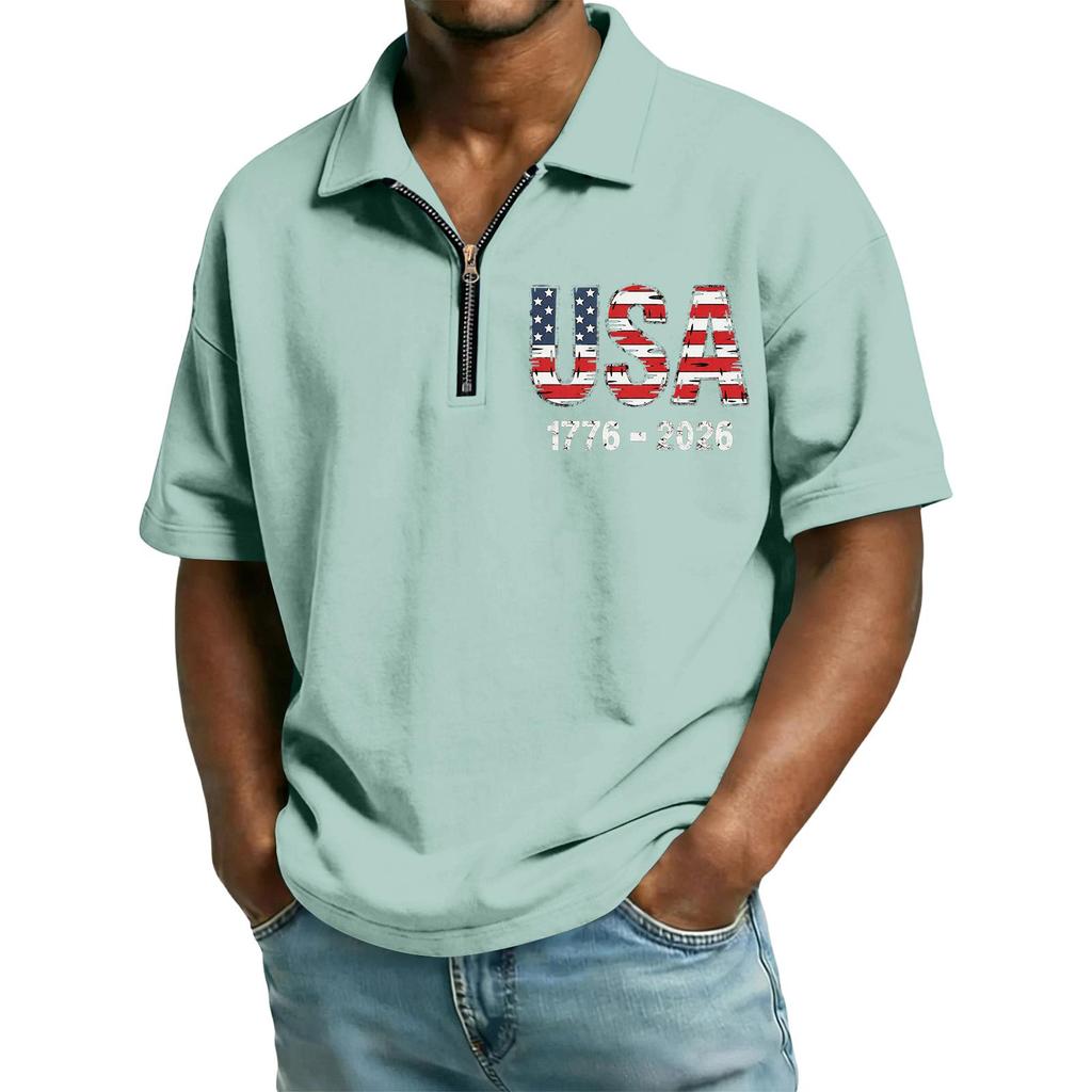 Men’s Short Sleeve Polo Shirt with Zipper Collar USA Letter Print 1776-2026 Casual Lightweight Top for Everyday Wear