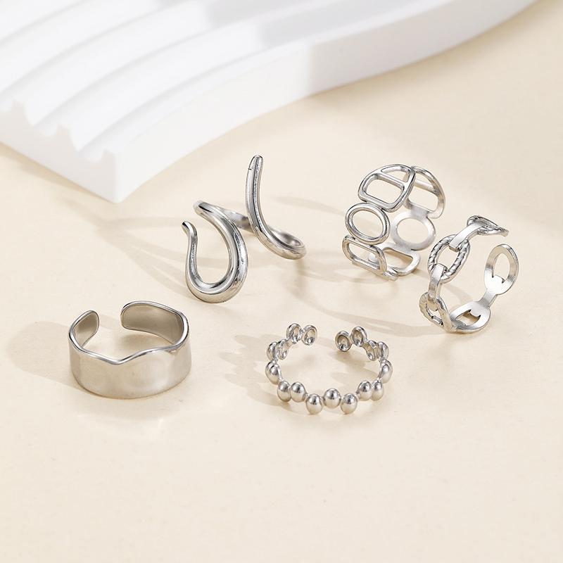 Stainless Steel Cross Geometric Open Ring Set for Women Hip-Hop Twisted Metal Lines Stacked Rings Personality Party Jewelry Gift