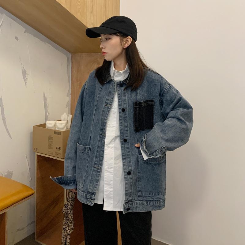 Colorblocking Loose Denim Jacket Female Autumn Retro Hong Kong Taste Long-sleeved Jacket Top Tide