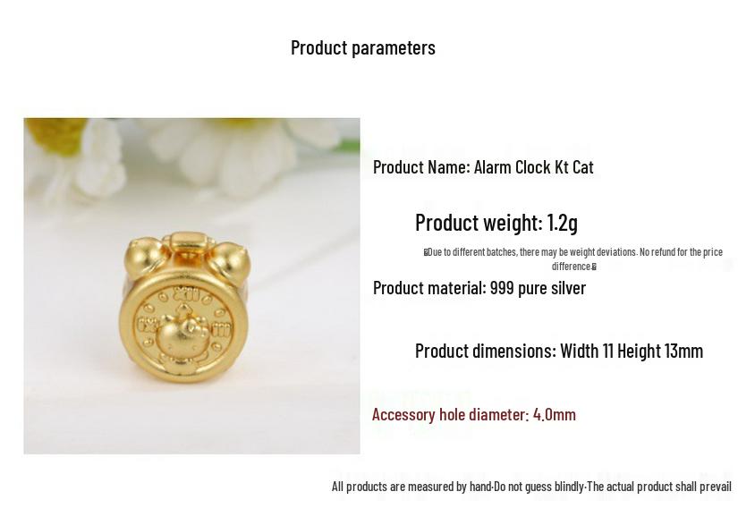 Sterling Silver 999 Hello Kitty Charm Alarm Clock DIY Jewelry Beads.
