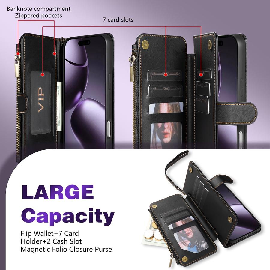 Wallet Multi-card Slot Zipper Kickstand Magnetic Flip Leather Case For iPhone 17 Pro Max Air 16e 15Plus 14 13 12 11 XR 8 7 Cover