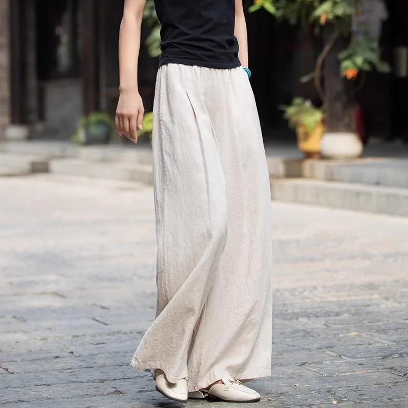 Women's Summer Loose Fit Burgundy Linen Wide Leg Pants with Pockets
