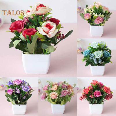 European Style Tea Rose Artificial Flower Pot Bonsai Garden Table Room Decor