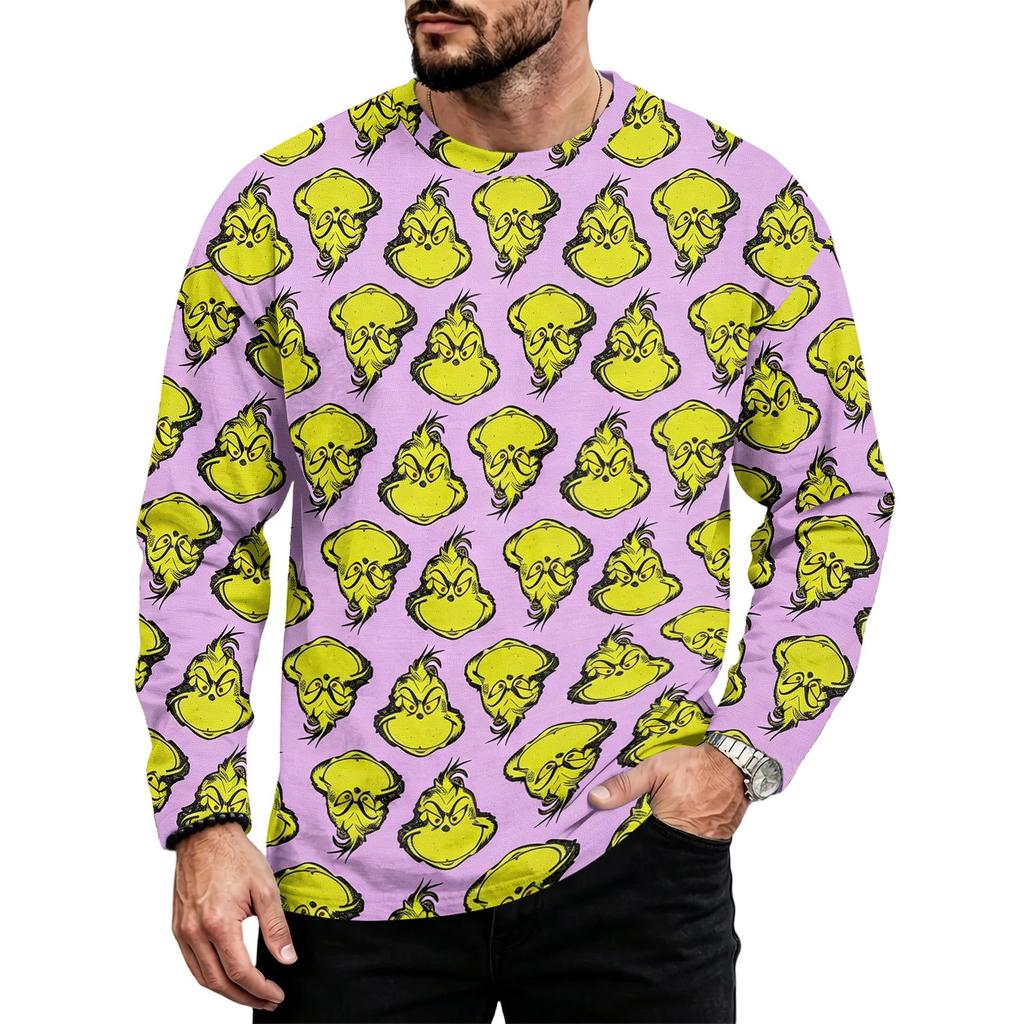 Men's Plus Size Loose Fit Casual Neck Long Sleeve T-Shirt with Christmas Print for Fall and Winter