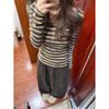 Women's Slim Fit Retro Striped Long Sleeve Button U-neck Shirt - Soft Brushed Base Layer for Spring and Autumn
