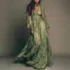 Women's Floral Maxi Dress V Neck Long Sleeve Boho A Line Vacation Long Dress