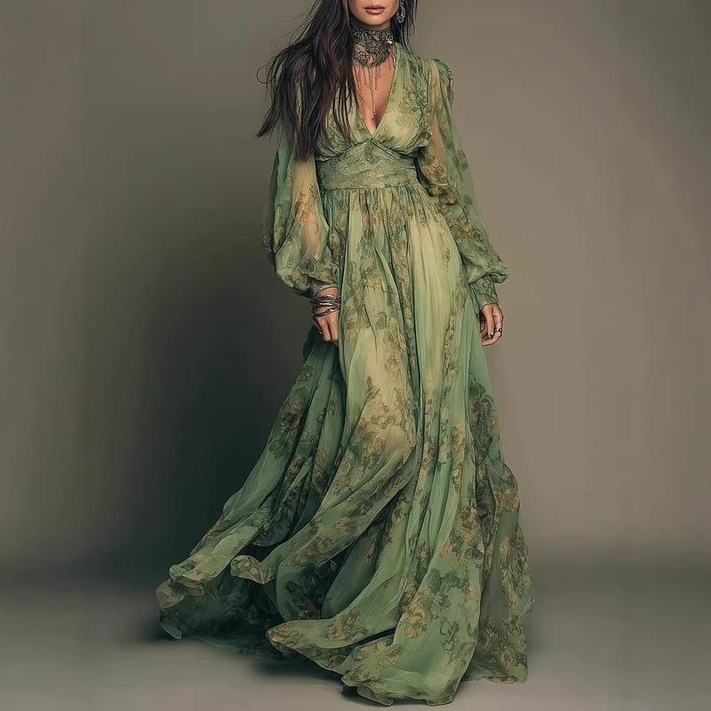 Women's Floral Maxi Dress V Neck Long Sleeve Boho A Line Vacation Long Dress