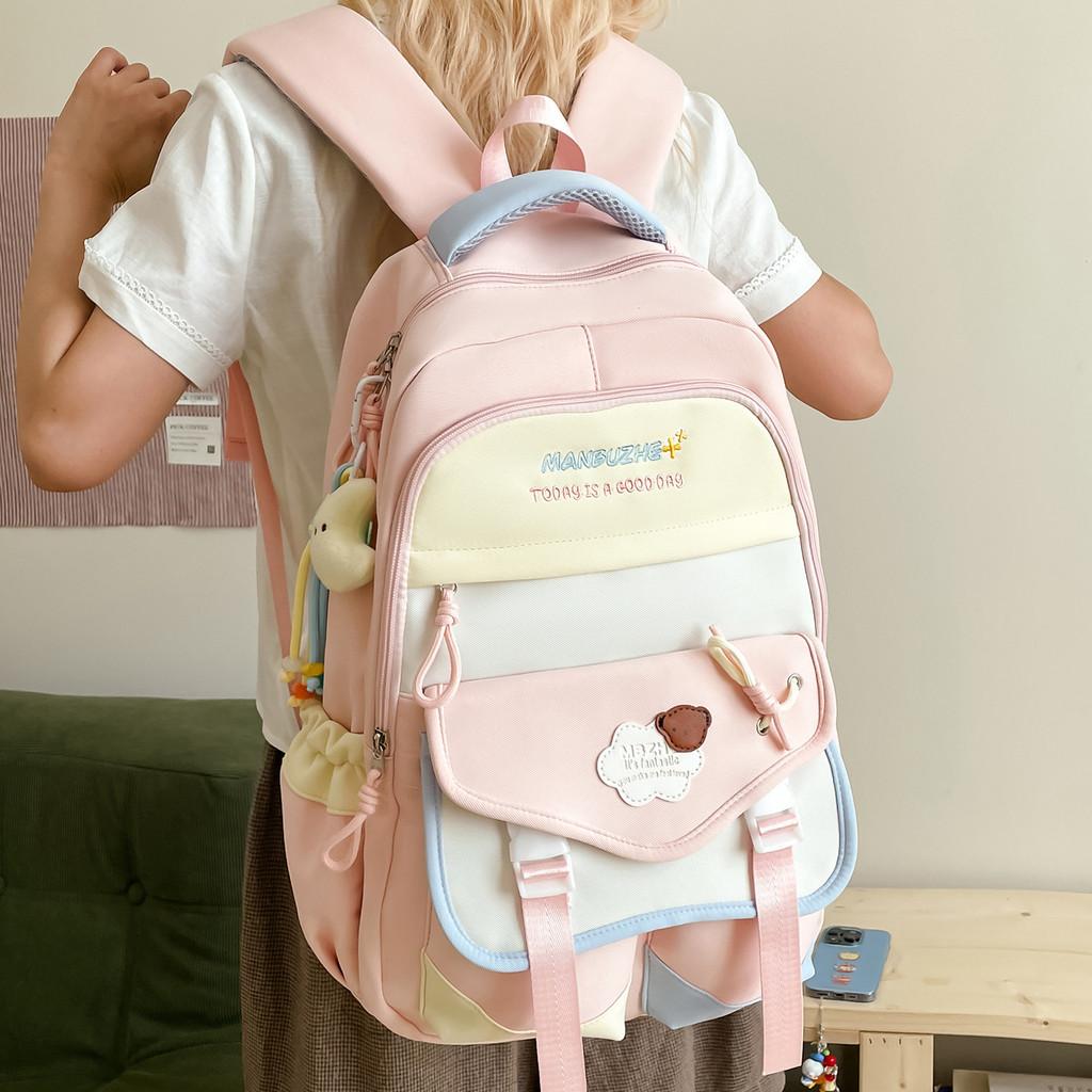 Simple Color Blocked Letter Print Student Backpack With Plush Pendant For Daily Use