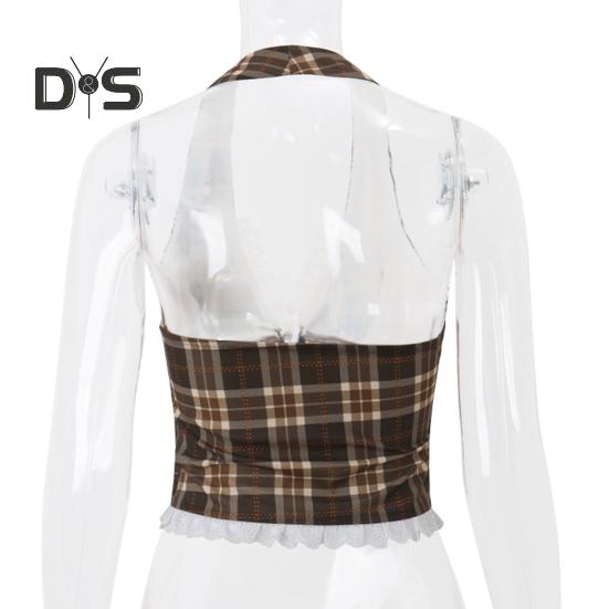 Sexy vesta Halter Šněrovací topy bez rukávů s odhalenými zády a kostkovaným vzorem s krajkovou dekorací Slim Fit Topy ve francouzském stylu