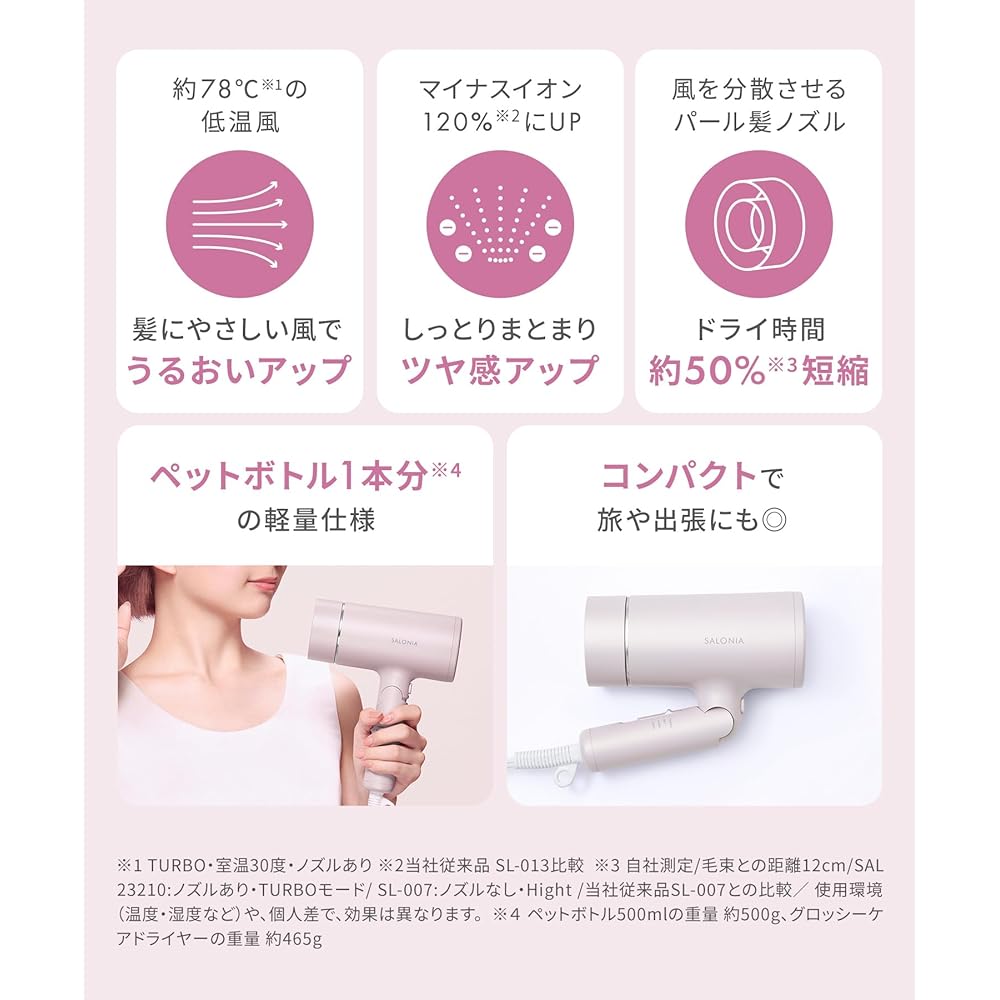 Salonia Glossy Care Hair Dryer Fast Drying Lightweight Pink