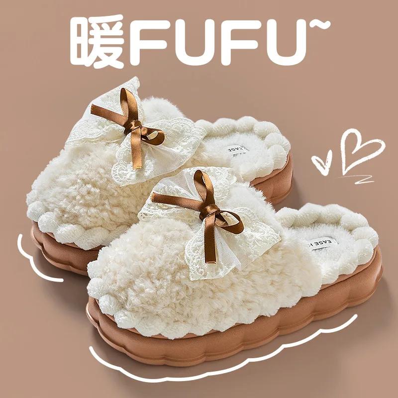 Women Fashion Winter Toe Wrap Warm Bows Cotton Slippers Thick Soft Sole Slides Female Indoor Thick Soles Non-slip Plush Shoes
