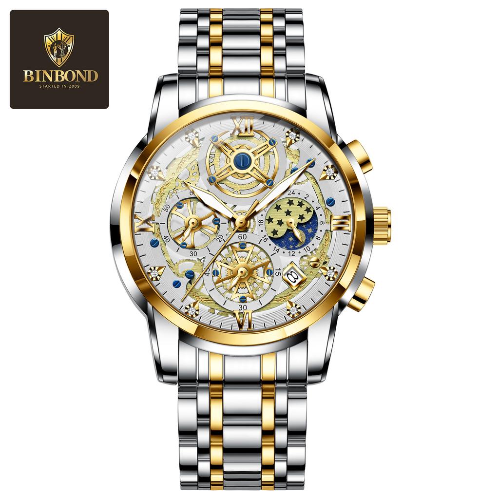 BINBOND Luxury Man Watch Waterproof Luminous Chronograph Date Men Watch Stainless Steel Quartz Men's Watches