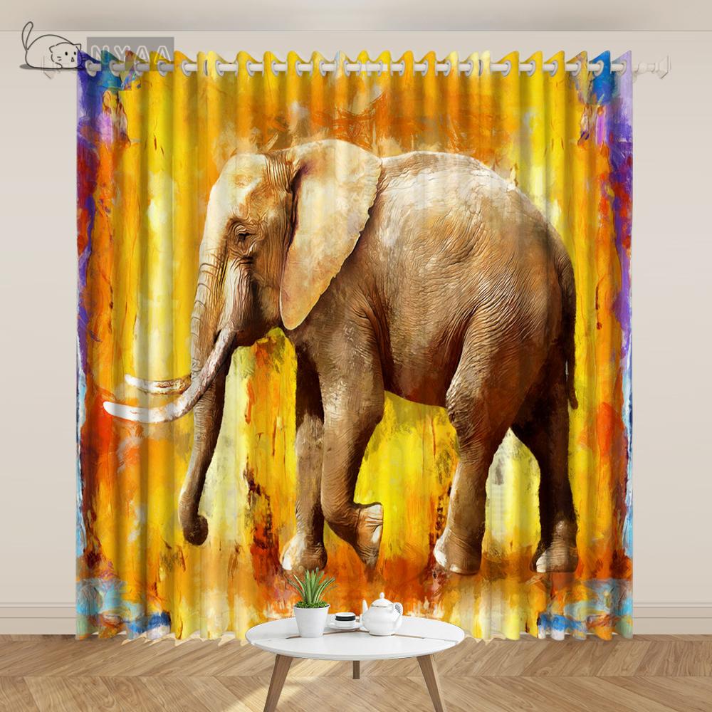 2PCS Exotic India Southeast Asia Style Oil Painting Curtain Auspicious Elephant Curtain Art Living Room Bedroom Custom Cortinas