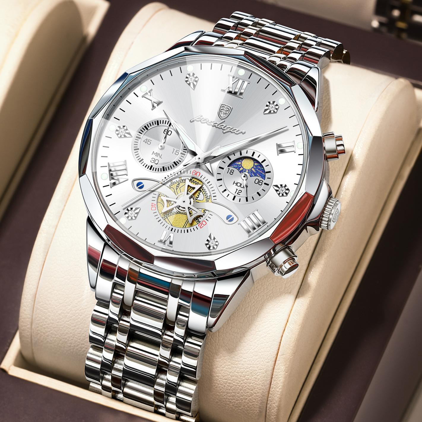 938 Luxury Original Stainless Steel Quartz Watch Luminous Waterproof Chronograph  Watch for Men 938 Silver White S