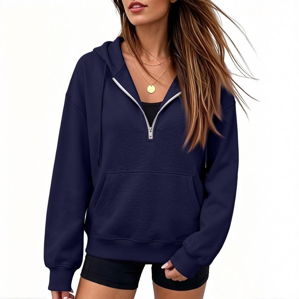 Women's Half Zip Hoodie Long Sleeve Color Thick Lined Sweatshirt for Fall
