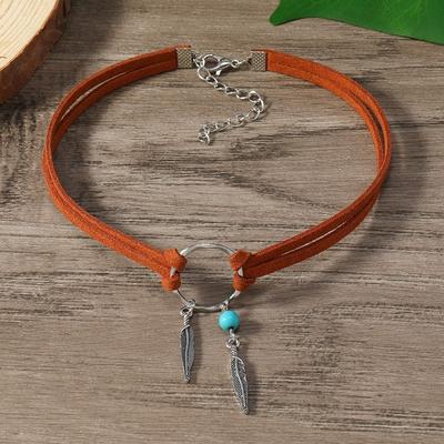 Ethnic Style Leaf Tassel Choker Retro Leather Turquoise Stone Necklace Woven Rope Feather Pendant Bohemian Necklace Girls