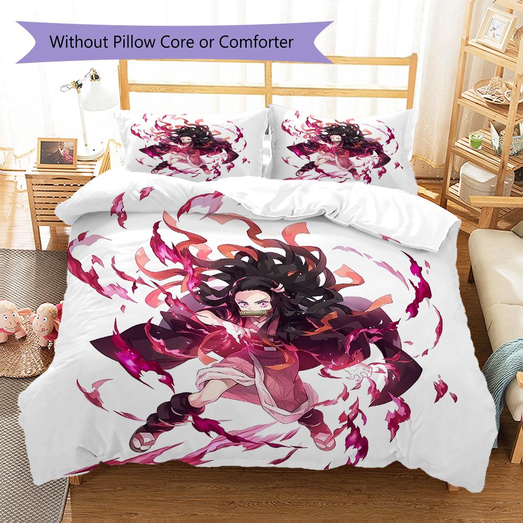Demon Slayer Pattern Bedding,Quilt Set Quilt Cover Pillowcase Home Birthday Gift (1 * Duvet Cover + 2 * Pillowcase, Without Core)