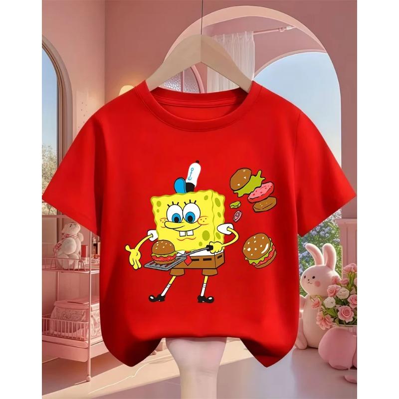 Street SpongeBob SquarePants Casual T Shirt 3-14Y Boys Girls Summer Cute Kawaii Fashion Hot Cartoon Crew Neck Kids