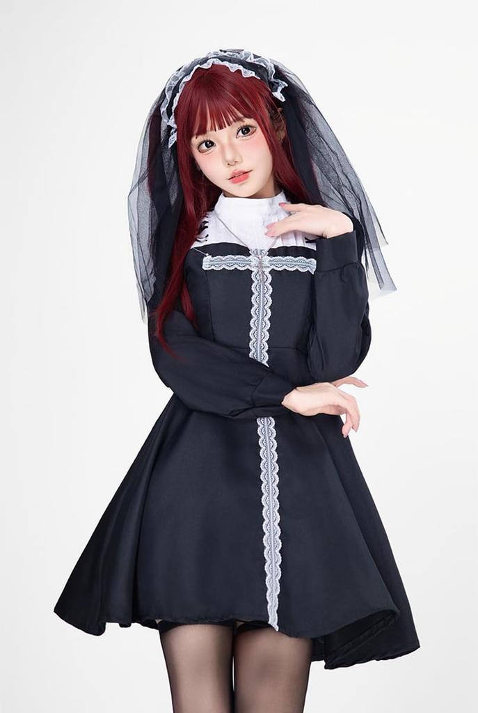 Cedar Eight Sexy Nun Gothic Lolita Halloween Sister Includes and Necklace Costume, Costume, Cosplay, 3-Piece Set, Dress, Veil, (XL)