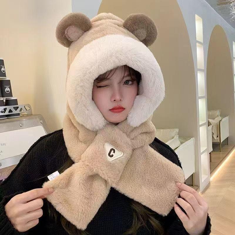 Women's Winter Plush Fox Hat & Scarf Combo - Warm, Trendy, and Versatile Hooded Design