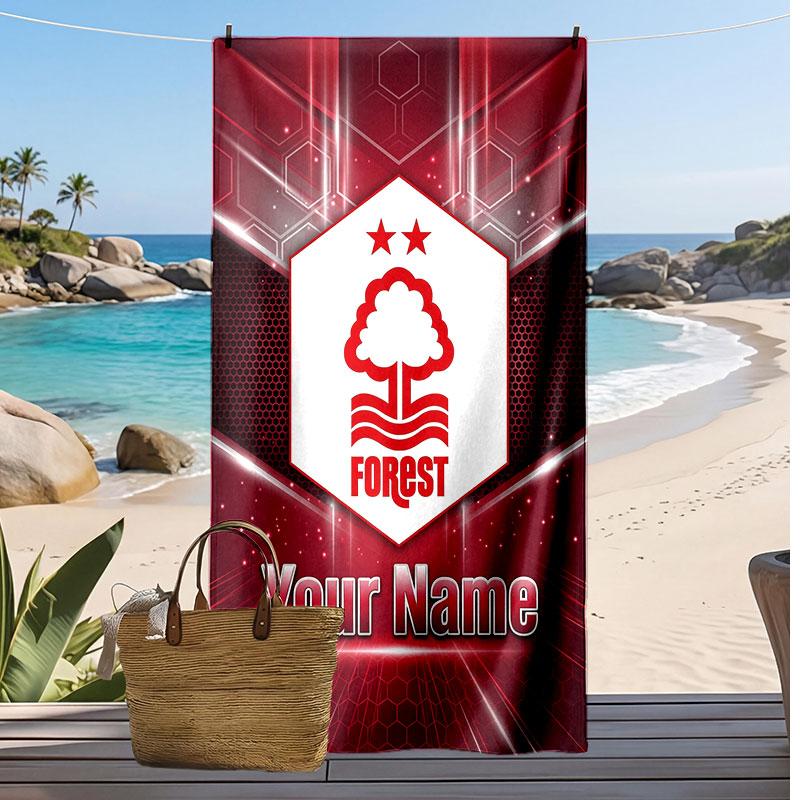 Telo Mare Personalizzato Stampato Nottingham Forest FC Logo Calcio Supporto Nome Personalizzato Testo Asciugamano Assorbente Per Sport Viaggio Regalo Speciale