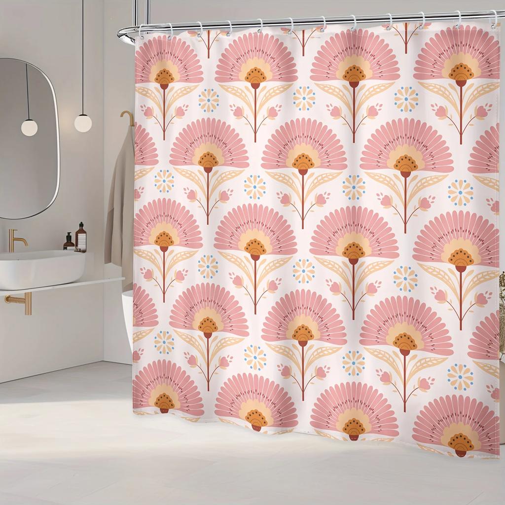 Pink Boho Flowers Shower Curtain - Vintage Floral Polyester, Waterproof Bathroom Decor with Hooks