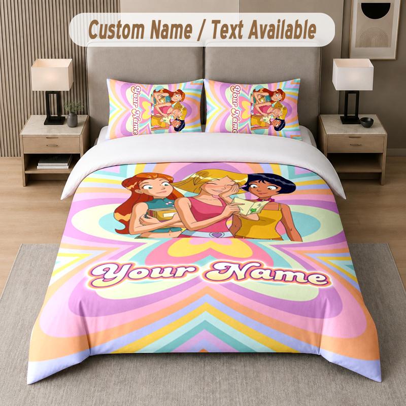 Benutzerdefinierter Name Totally Spies 3-teiliges Bettwäsche-Set Personalisierter Text Bettwäsche Kissenbezüge Schlafzimmer
