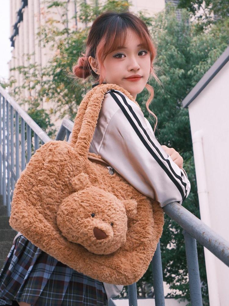 Autumn Winter Plush Bear Shoulder Bag Women Large Capacity Portable Laptop Tote Trendy Fashion Handbag