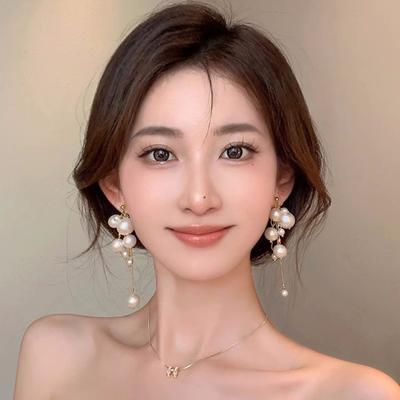 1 Paar Elegante Perlen Lange Quasten Ohrringe Hängeohrringe für Frauen Mädchen Trendige Glänzende Ohrringe Hochzeitsschmuck Geschenke